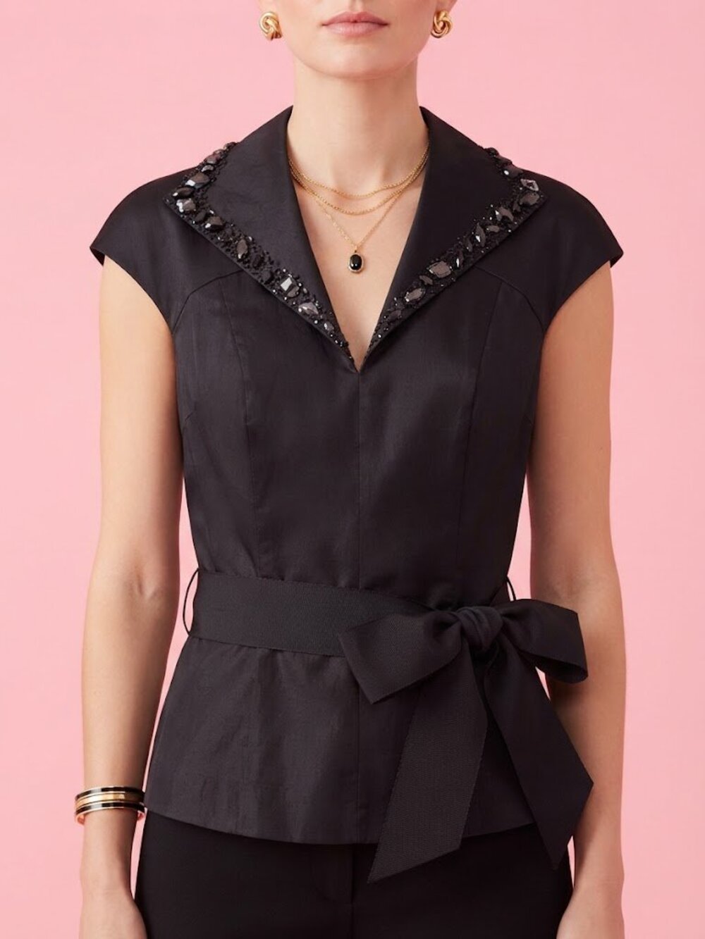 Vintage Black Embellished Tie-Waist Blouse